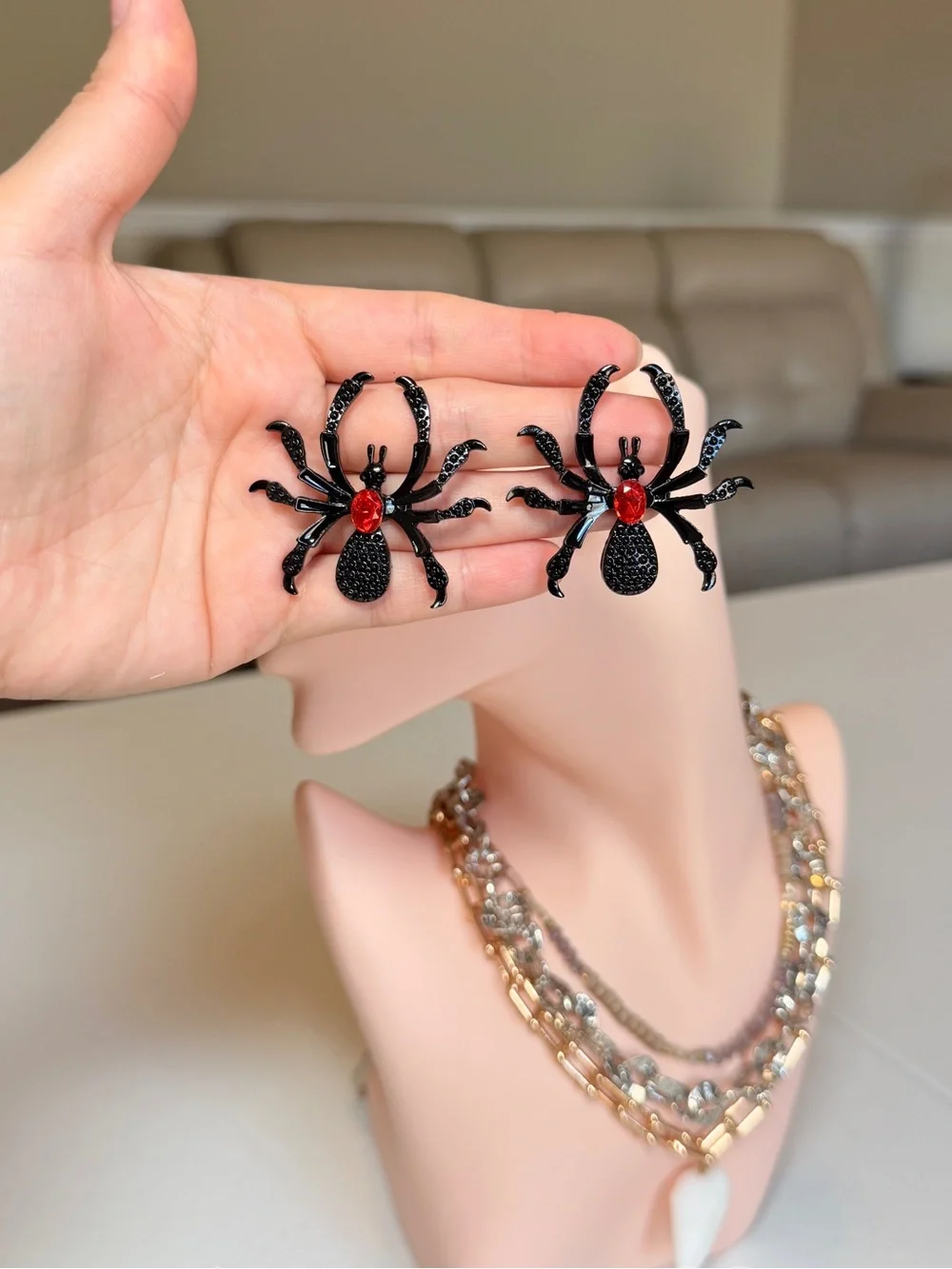 Black Spider Stud Earrings with Red Gem Center